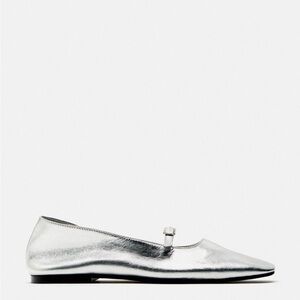 Zara Leather Silver Metallic Ballet Flats